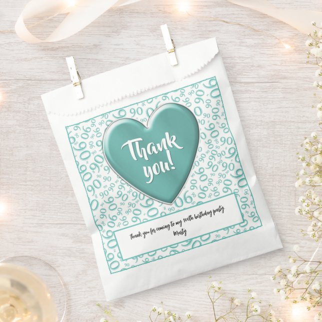 Thank You 90th Random Number Pattern Teal/White Favour Bags (Clipped)