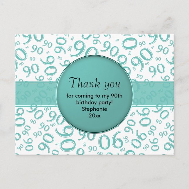 Thank You: 90th Teal/White Birthday Number Pattern Postcard (Front)