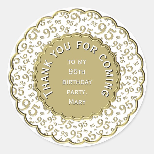 Thank You 95th Birthday Gold and White Pattern Classic Round Sticker (Front)