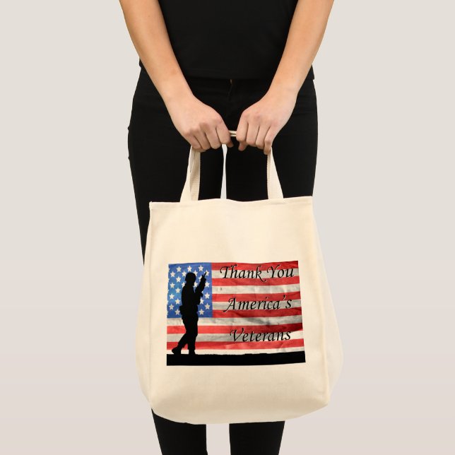 Thank You America's Veterans with Flag and Soldier Tote Bag (Front (Product))