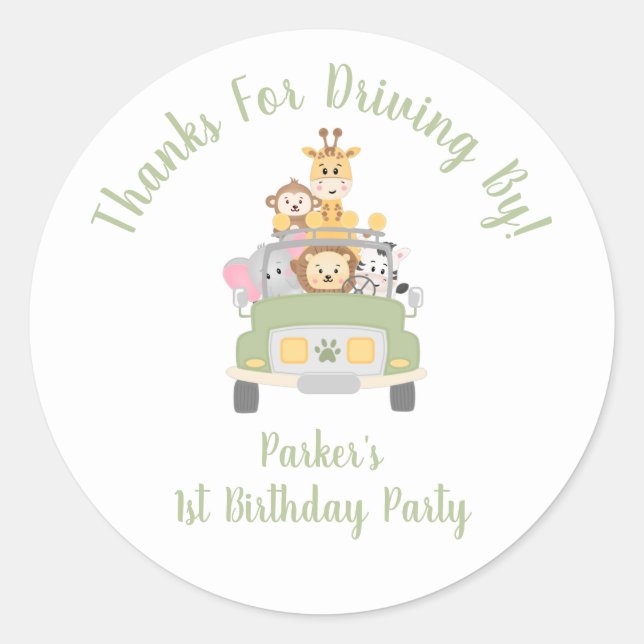 Thank You Animal Safari 1st Birthday Party Classic Round Sticker (Front)