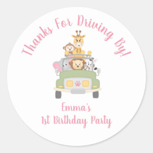Thank You Animal Safari Pink 1st Birthday Party Classic Round Sticker