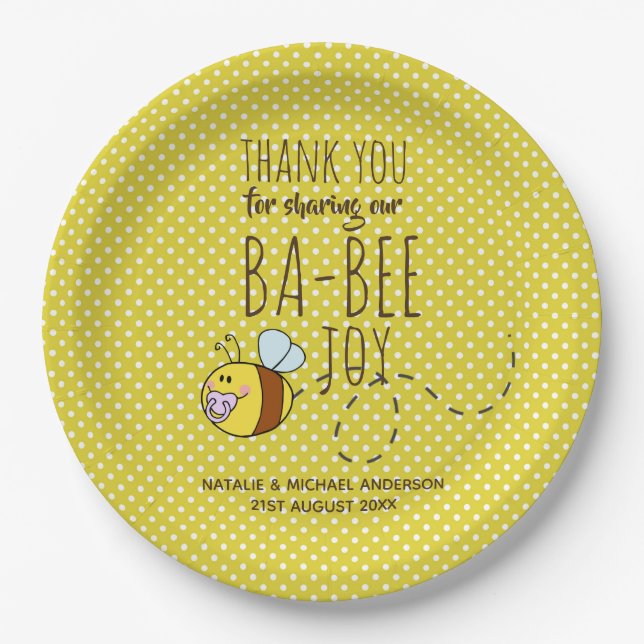 Thank You BA-BEE Baby Shower Yellow Polkadot Paper Plate (Front)