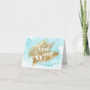 THANK YOU Baby Shower Blue Gold Watercolor Card