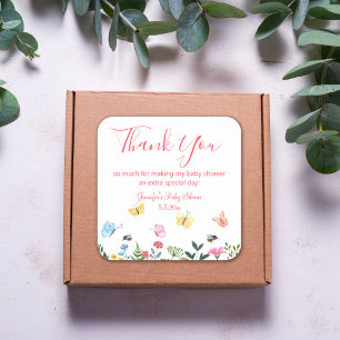 thank you baby shower flowers and butterflies pink square sticker