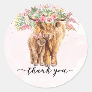 Thank you Baby Shower Highland Cow Pink  Classic Round Sticker