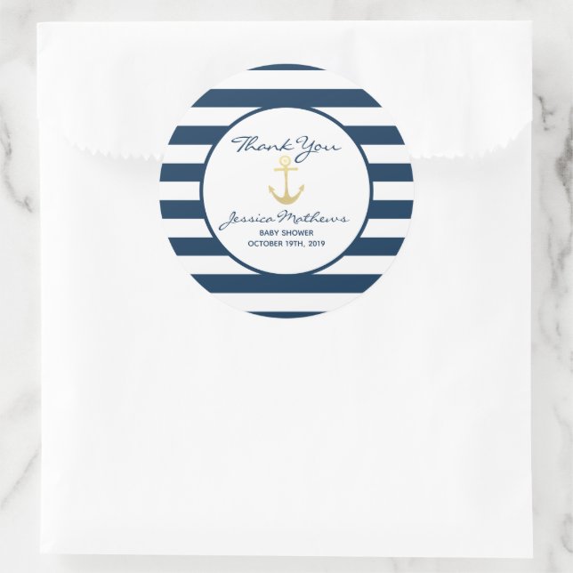 Thank You Baby Shower Nautical Baby Boy Favour Classic Round Sticker (Bag)