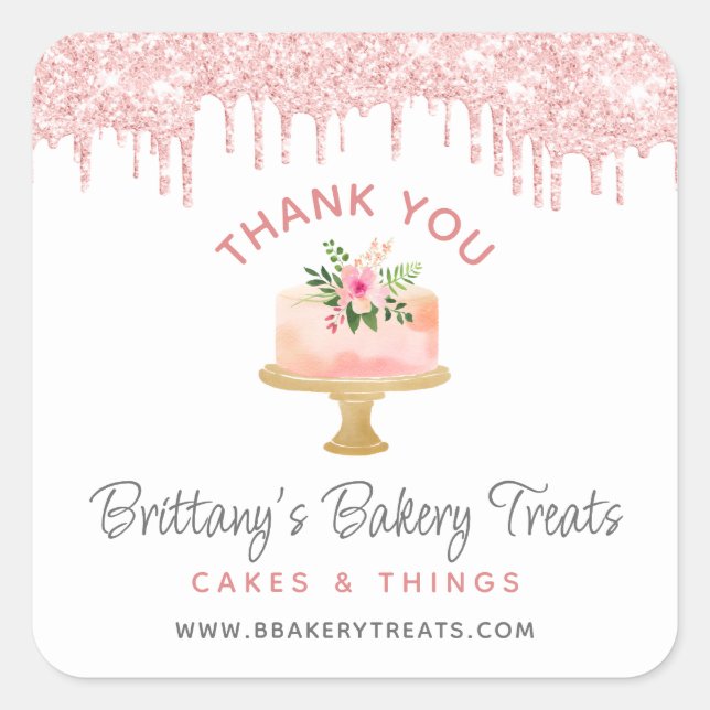 Thank You Bakery Cake Blush Pink Glitter Drips Square Sticker (Front)