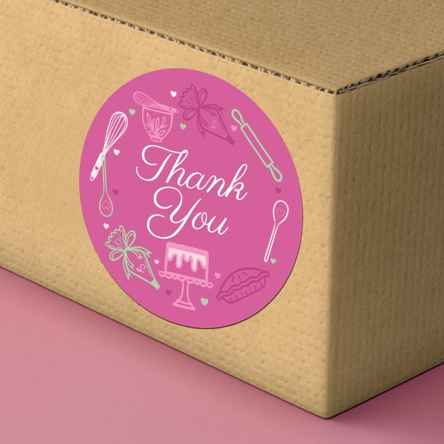 Thank You Baking & Cooking Utensil Pink & Green Classic Round Sticker (Creator Uploaded)