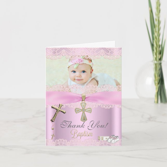 Thank You Baptism Pink Cross Girl Lace Card (Front)