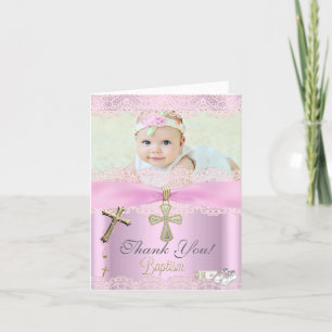 Thank You Baptism Pink Cross Girl Lace Card