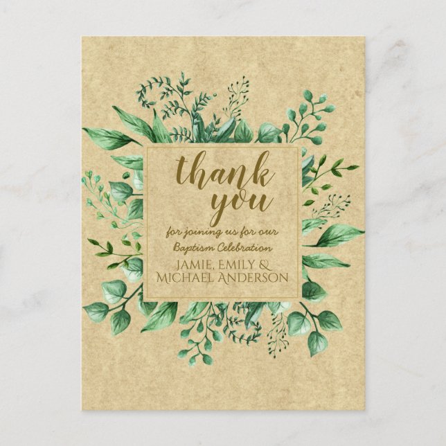 Thank You Baptism Rustic Botanical Leaves Postcard (Front)