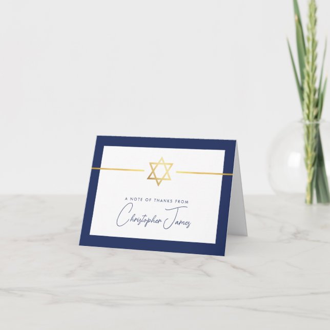 THANK YOU bar mitzvah modern gold jewish star navy Card (Front)