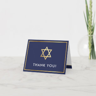 THANK YOU bar mitzvah modern gold star navy blue Card