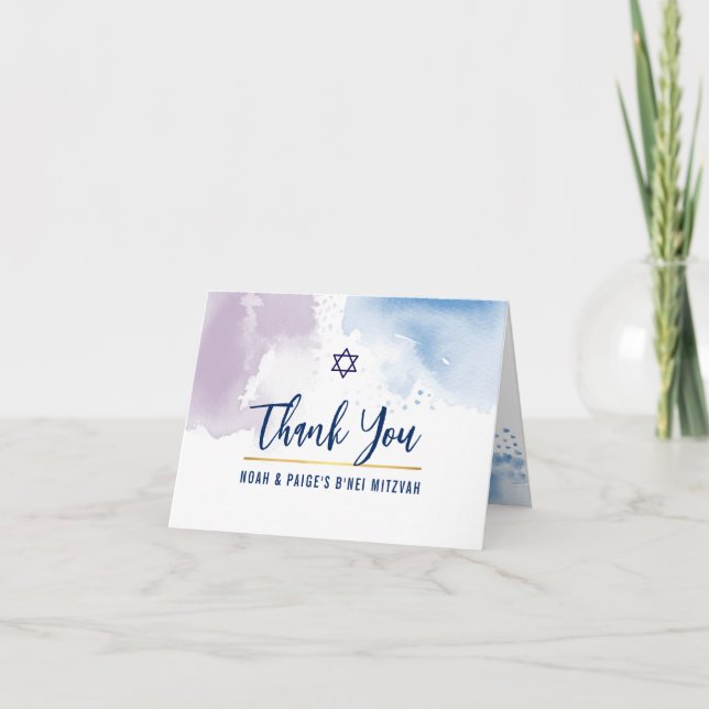 THANK YOU BAR MITZVAH star blue purple watercolor Card (Front)