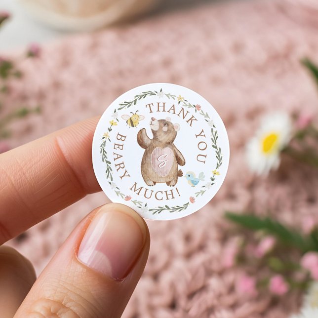 Thank You Beary Much Knitted Woodland Bear Floral Classic Round Sticker (Thank You Beary Much Knitted Woodland Bear Floral Classic Round Sticker)