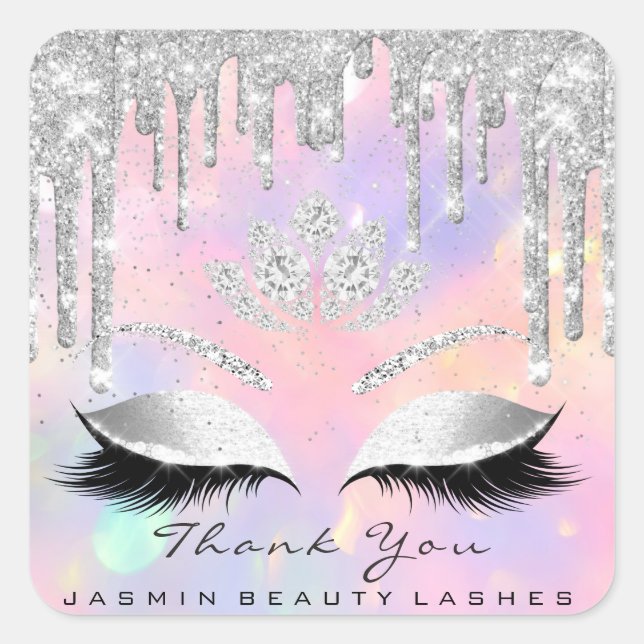 Thank You Beauty Lashes Bridal Holographic Silver Square Sticker (Front)
