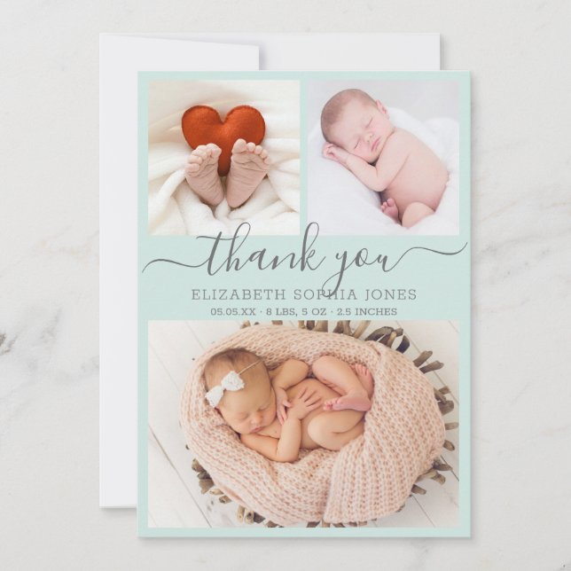 Thank You Birth Announcement Aqua Photo Collage  (Front)