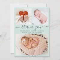 Thank You Birth Announcement Aqua Photo Collage