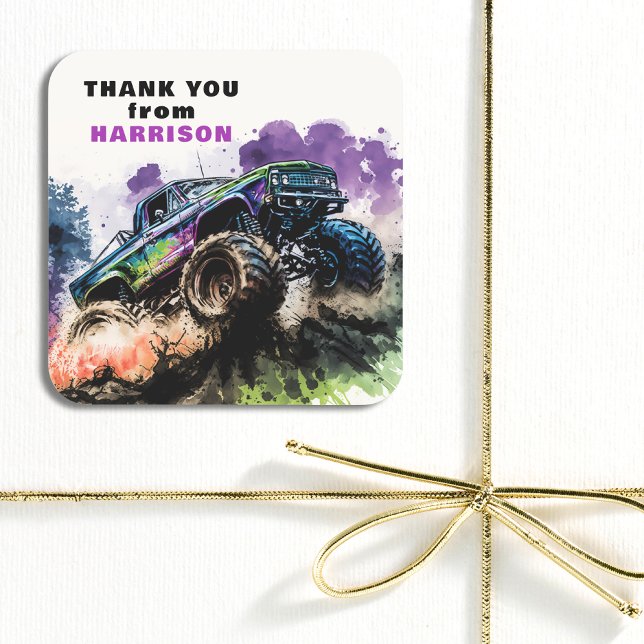 Thank You Birthday Monster Truck Smash Crash Boy Square Sticker (Creator Uploaded)