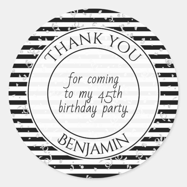 Thank You Birthday Party Black/White Stripe Round Classic Round Sticker (Front)