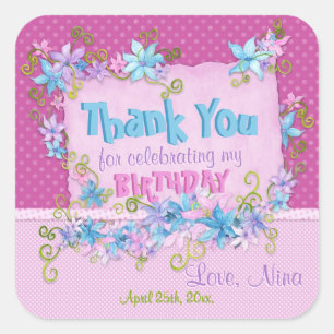 Thank You Birthday Party Floral Pink Polka Dots Square Sticker