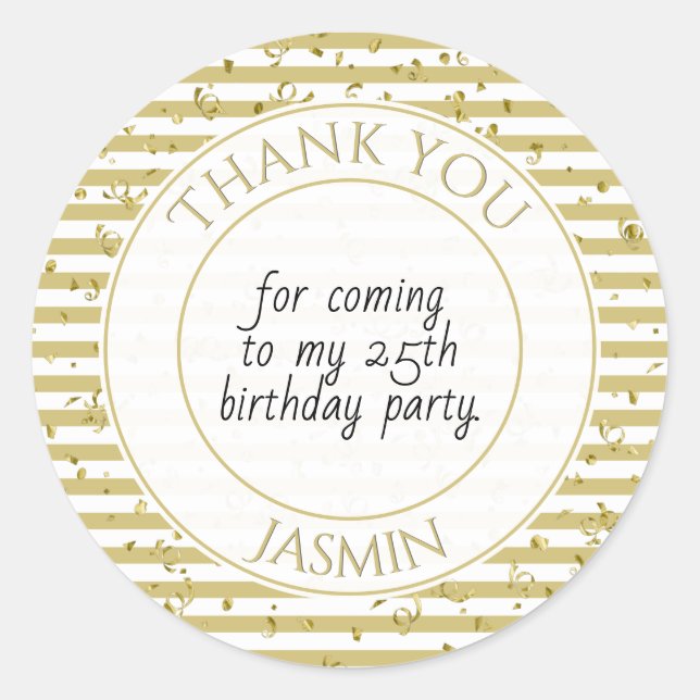 Thank You Birthday Party Gold/White Stripe Classic Round Sticker (Front)