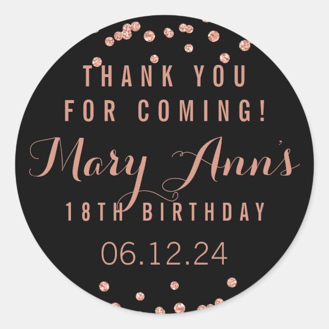 Thank You Birthday Rose Gold Glitter Confetti Classic Round Sticker (Front)