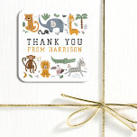 Thank You Birthday Two Wild Safari Animals Kids Square Sticker<br><div class="desc">Thank You Birthday Two Wild 2nd Birthday Safari Animals Cute Kids Birthday Party Stickers features whimsical giraffe, elephant, lion, zebra, leopard, monkey, snake, crocodile, cute and colourful wild animals with the text in modern black and mustard typography script. Perfect for boys or girls, kids second birthday party celebrations. Designed by...</div>
