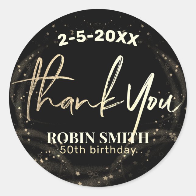 Thank you Black and Gold Modern Birthday Favour Classic Round Sticker (Front)