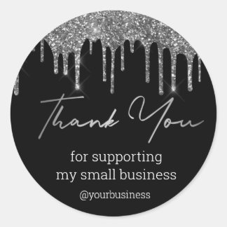 thank you black and silver glitters small business classic round sticker