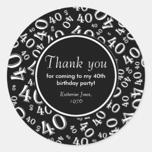 Thank You: Black and White 40th Birthday Party Classic Round Sticker