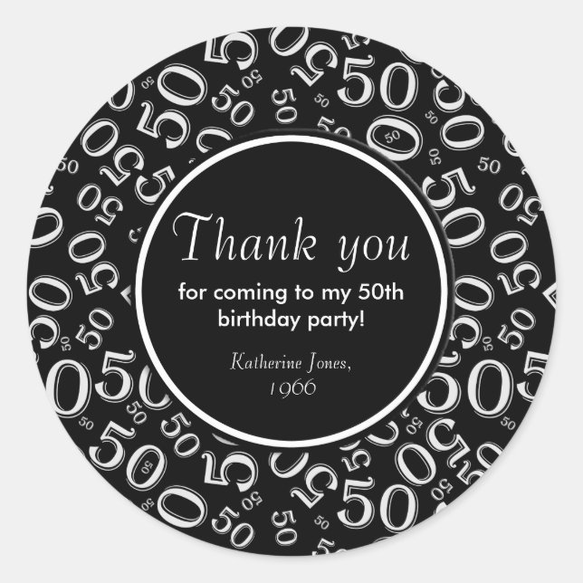 Thank You: Black and White 50th Birthday Party Classic Round Sticker (Front)