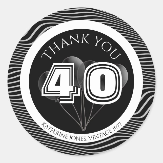 Thank You: Black and White Any Birthday Party Classic Round Sticker (Front)