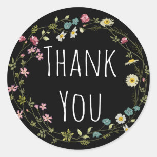 Thank You Black And White Flower Pink, Blue Wreath Classic Round Sticker