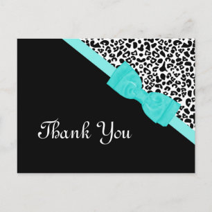 Thank You Black and White Leopard Aqua Ribbon Postcard