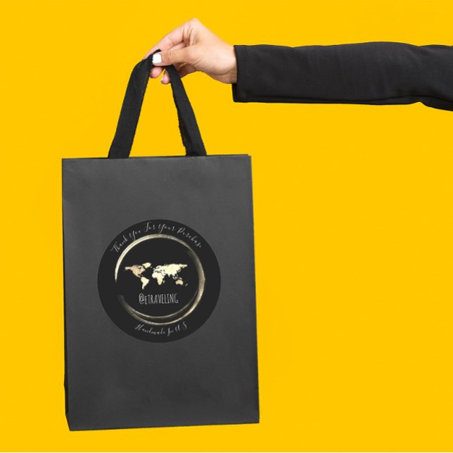 Thank You Black Gold World Map Travelling Globe  Classic Round Sticker (Thank You Black Gold World Map Traveling Globe Classic Round Sticker)