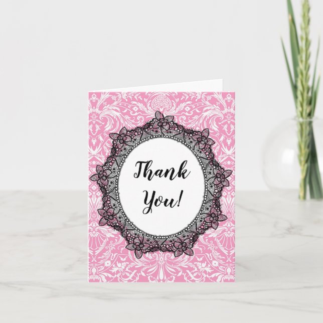 Thank You Black Lace Frame Pink Victorian Damask (Front)