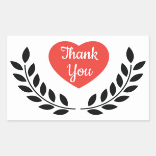 Thank You Black Laurel Leaf Red Heart Rectangular Sticker