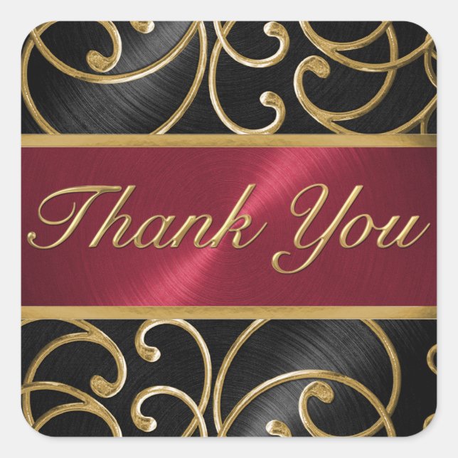 Thank You Black Red Gold Filigree Swirls Square Sticker (Front)