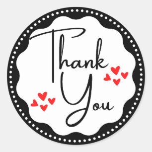Thank You Black Red Hearts Classic Round Sticker