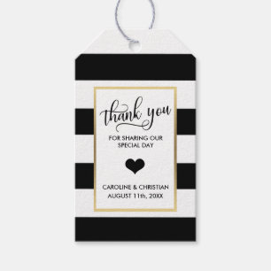THANK YOU Black Stripes White Gold Heart Wedding Gift Tags