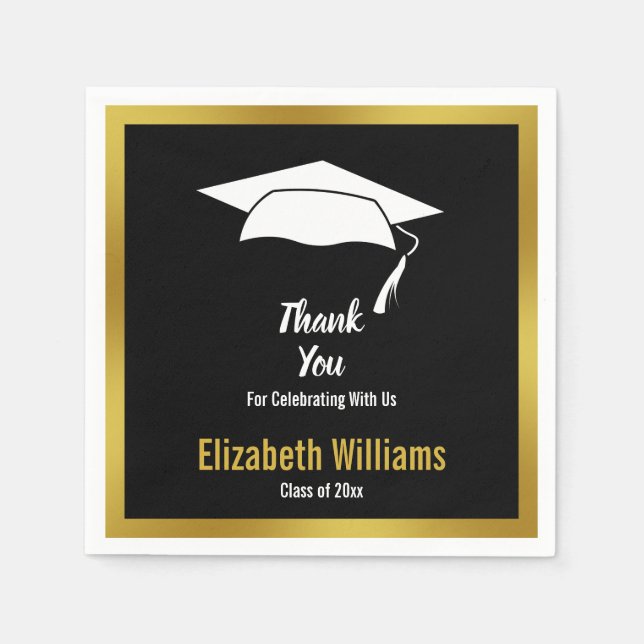 Thank You Black White Gold Grad Name Graduation Napkin (Front)