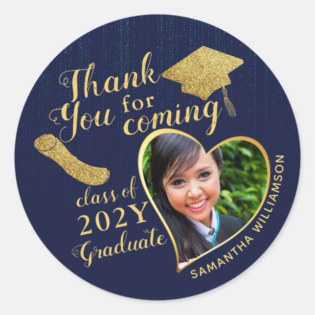 Thank You Blue and Gold 2025 Graduation Favour Classic Round Sticker (Front)