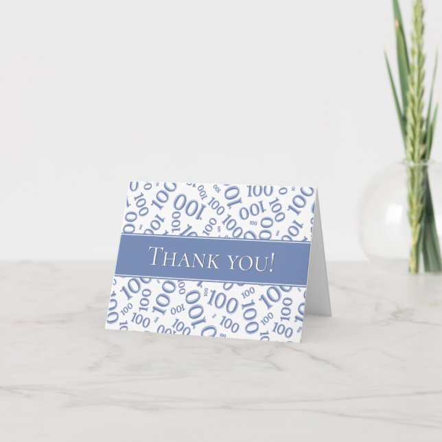 "Thank you!" Blue and White Number 100 Pattern Thank You Card (Front)