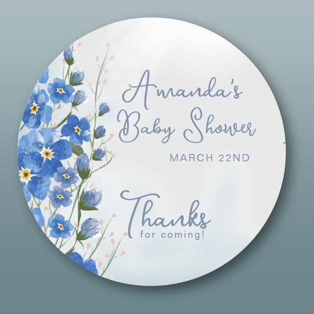 Thank You Blue Floral Baby in Bloom Boy Shower  Classic Round Sticker (Creator Uploaded)