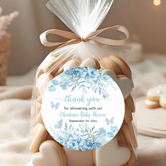 Thank you Blue Floral Baby Shower  Classic Round Sticker (Creator Uploaded)