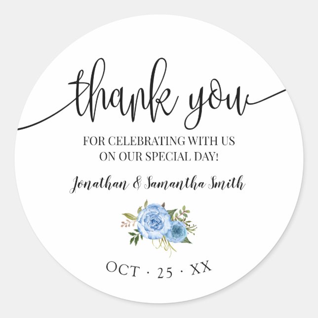 Thank you blue floral boho chic wedding classic round sticker (Front)