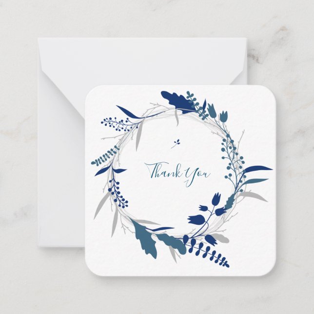 Thank you Blue Floral Modern Flat Note Card (Front)