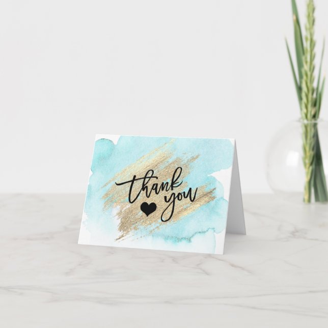 THANK YOU Blue Gold Brush Stroke Heart Watercolor Card (Front)